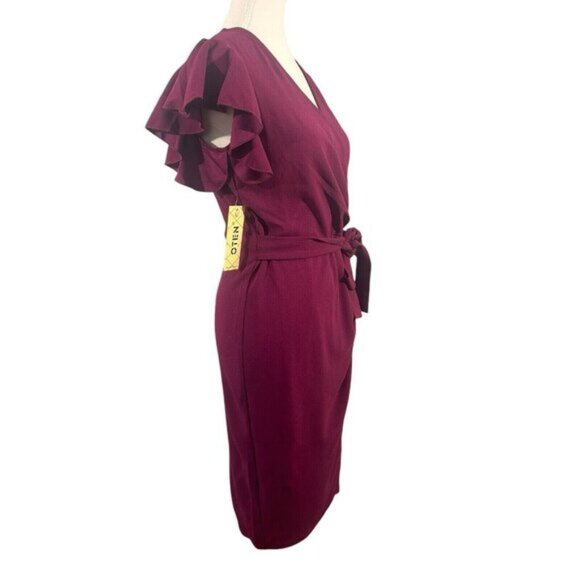 Women's V-Neck Ruffle Sleeve Faux Wrap Stretch Tulip Hem Purple Dress Size Small - Picture 10 of 16